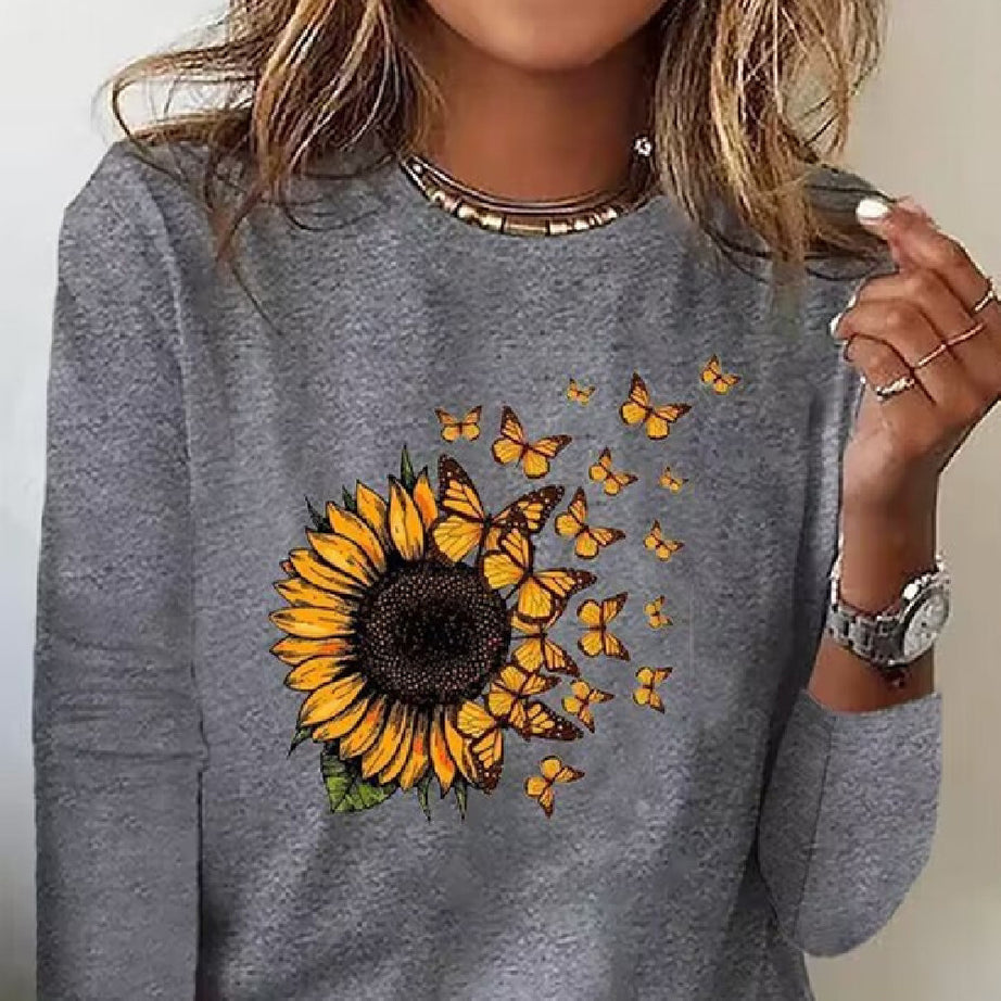 Women's Fashion Butterfly Sunflower Print Top