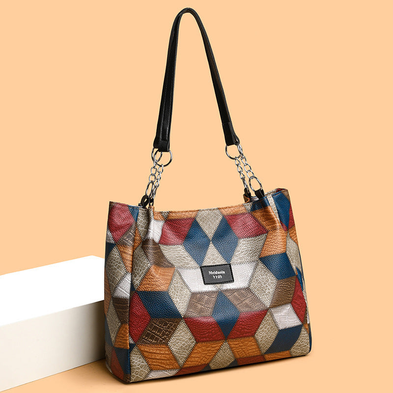 Retro Geometric Pattern Shoulder Bag | Fashionable Large Capacity Color-Matching Tote for Women