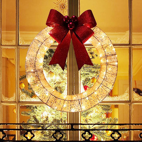 50CM LED Luminous Christmas Wreath with Bowknot – Warm Light Door Decor